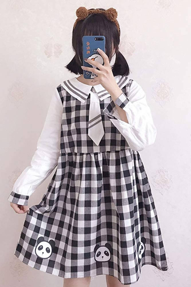 CANDY GIRL Panda Print Plaid One-Piece Dress – Tie – Knee Length