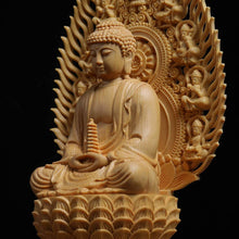 Load image into Gallery viewer, Cypress Wood Japanese Buddha Statue for Altar or Decoration – H 28cm x W 12cm x D 12cm