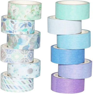YUBBAEX Blue Suite Silver Washi Masking Tape – 12 Rolls x 15mm Width – Variety of Designs