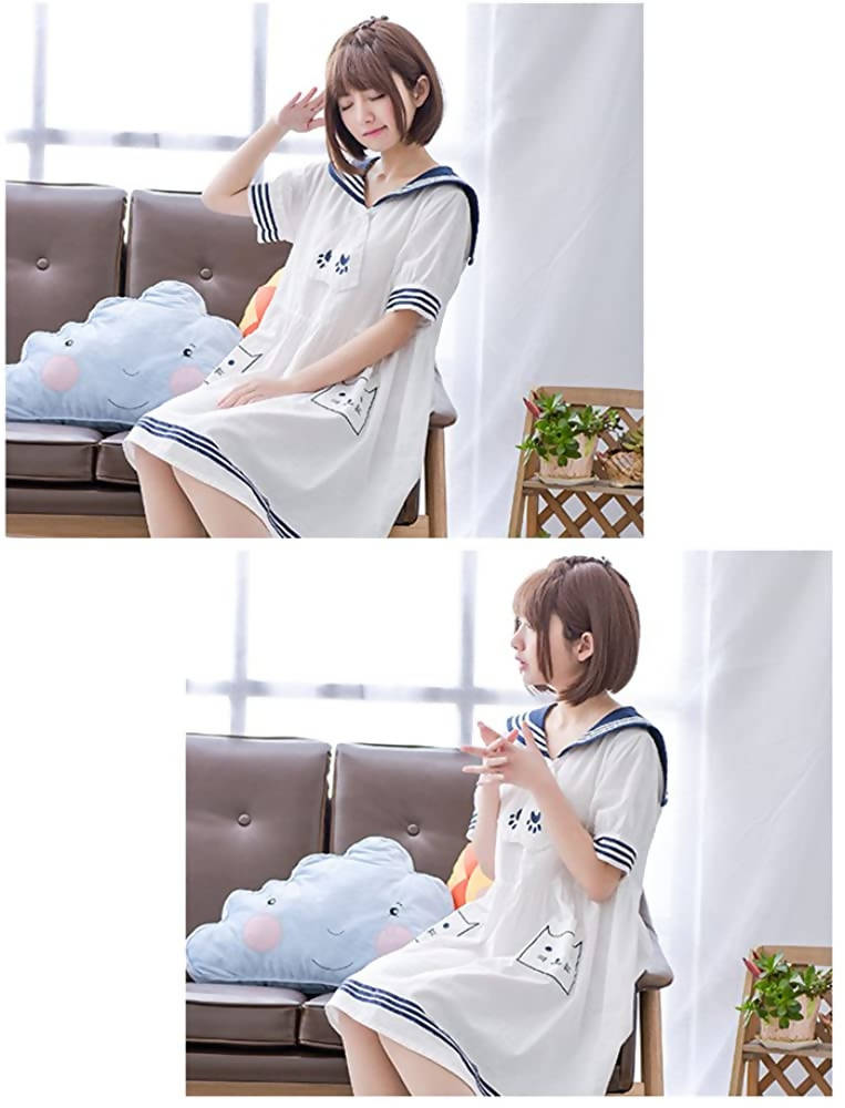 CANDY GIRL Mori Girl Cat One Piece – White Short Sleeve – Sailor
