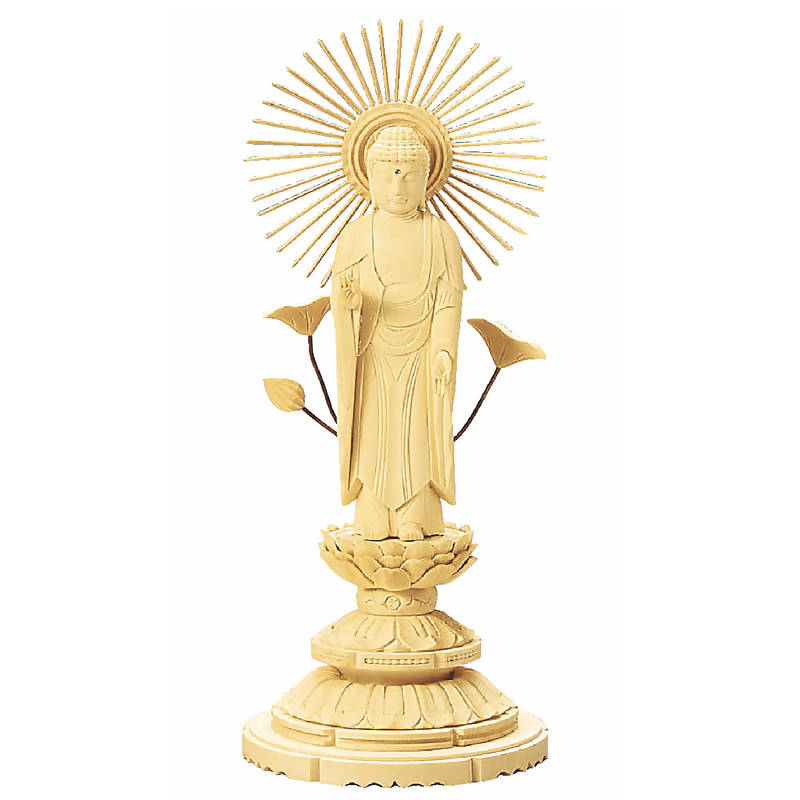 Cypress Wood Japanese Buddha Statue – Shiraki Maru Round Pedestal – Shinshu Otani Pure Land School – 18.7 cm Height