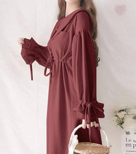 GERGEOUS Long-Sleeved One-Piece Dress – Mori Girl – Kawaii Ribbon – Wine Red