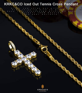 KRKC Cross Pendant and 22inch Rope Chain – 14K Gold Plated with Zirconia
