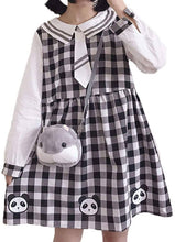 Load image into Gallery viewer, CANDY GIRL Panda Print Plaid One-Piece Dress – Tie – Knee Length – Long Sleeve