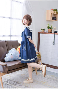 CANDY GIRL Mori Girl Cat One Piece – Navy Blue Short Sleeve – Sailor Collar – Knee Length