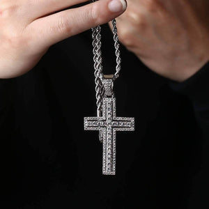 KRKC Double Layered Cross Pendant and 22inch Rope Chain – White Gold Plated with Zirconia