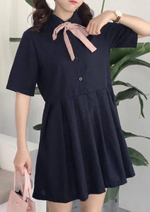 GERGEOUS Ladies’ Short Sleeve Navy Dress with Pink Ribbon – Mori Girl