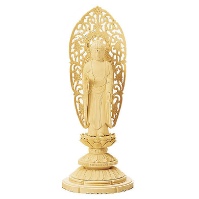 Cypress Wood Japanese Buddha Statue – Shiraki Maru Round Pedestal – Jodo Shu Pure Land School – 20 cm Height