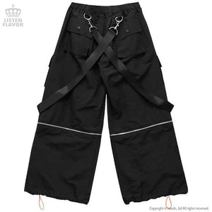 LISTEN FLAVOR Cargo Pants with Suspender Straps – Removable Bottoms – One Size – Black