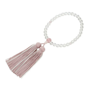 Kyoto Natural & Red Crystal Women’s Prayer Beads with Silk Fringe – Grey Pink Color