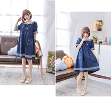 Load image into Gallery viewer, CANDY GIRL Mori Girl Cat One Piece – Navy Blue Short Sleeve – Sailor Collar – Knee Length