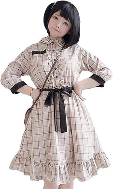 Sunnystep Check Pattern One-Piece Summer Dress – Three-Quarter Sleeve – Frills & Waist Ribbon – Beige