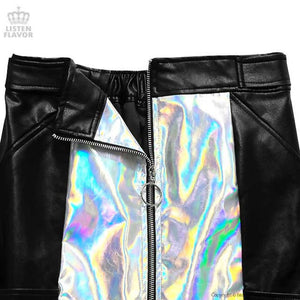 LISTEN FLAVOR Holographic Leather Trapezoidal Skirt – One Size – Black
