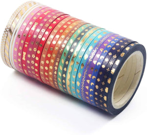 YUBBAEX Colorful Gold Pattern Washi Masking Tape – 24 Rolls x 3mm Width – Variety of Designs