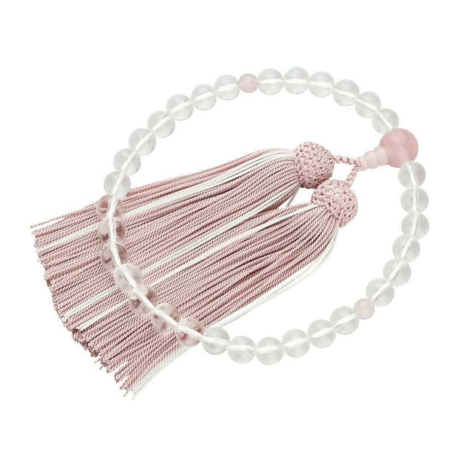 Kyoto Natural & Red Crystal Women’s Prayer Beads with Silk Fringe – Grey Pink Color