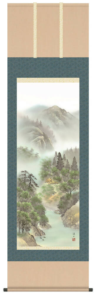 Traditional Japanese Hanging Scroll with Serene Mountain Village - Keizan Ito