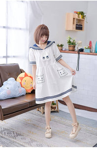 CANDY GIRL Mori Girl Cat One Piece – White Short Sleeve – Sailor Collar – Knee Length