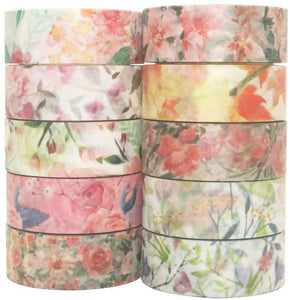 YUBBAEX Warm Tone Floral Washi Masking Tape – 10 Rolls x 15mm Width – Variety of Designs