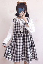 Load image into Gallery viewer, CANDY GIRL Panda Print Plaid One-Piece Dress – Tie – Knee Length – Long Sleeve