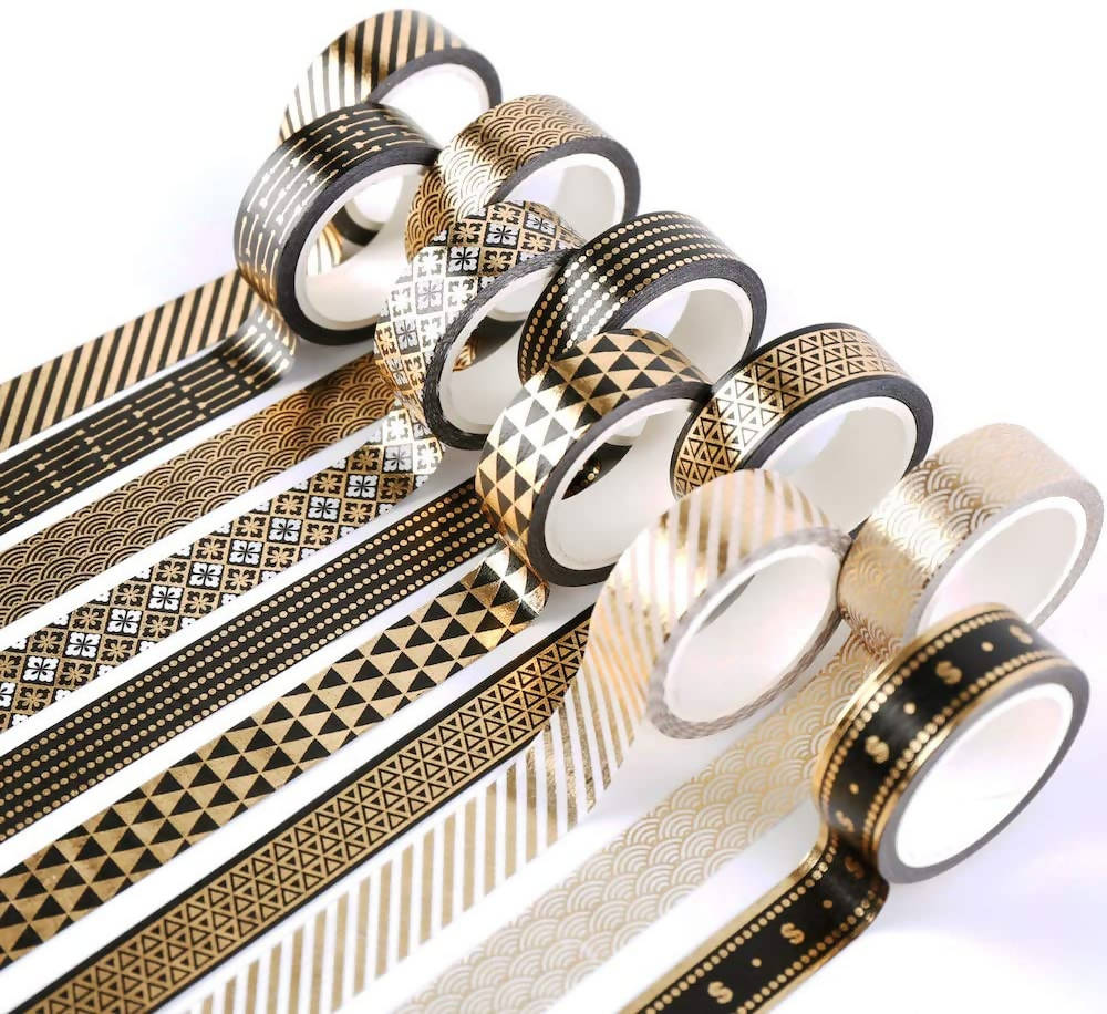 YUBBAEX Gold Pattern Masking Tape – 10 Rolls x 15mm Width – Variety of Designs