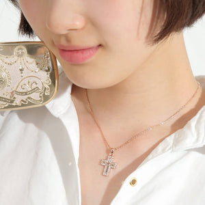 MIAOMYAO Pink Gold Zirconia Ladies Cross Necklace - Double Layered