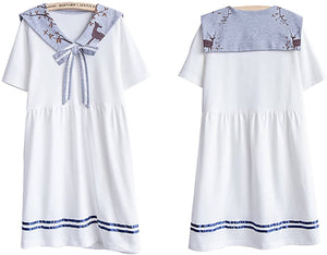 CANDY GIRL Mori Girl Spring Summer One Piece – White – Sailor Collar – Knee Length