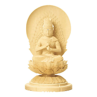 Cypress Wood Japanese Buddha Statue – Shiraki Maru Round Low Pedestal – Shingon School – 22.6 cm Height