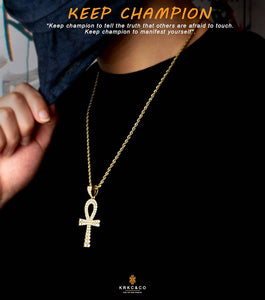KRKC Ankh Egyptian Cross Pendant and 22inch Rope Chain – 14K Gold Plated with Zirconia