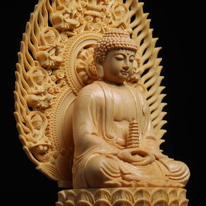 Cypress Wood Japanese Buddha Statue for Altar or Decoration – H 28cm x W 12cm x D 12cm