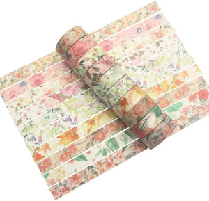 YUBBAEX Warm Tone Floral Washi Masking Tape – 10 Rolls x 15mm Width – Variety of Designs