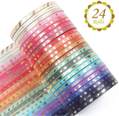 YUBBAEX Colorful Gold Pattern Washi Masking Tape – 24 Rolls x 3mm Width – Variety of Designs