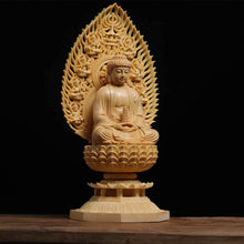 Load image into Gallery viewer, Cypress Wood Japanese Buddha Statue for Altar or Decoration – H 28cm x W 12cm x D 12cm