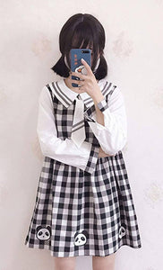 CANDY GIRL Panda Print Plaid One-Piece Dress – Tie – Knee Length – Long Sleeve