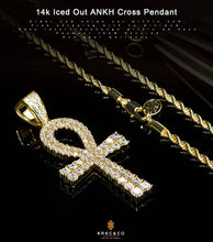Load image into Gallery viewer, KRKC Ankh Egyptian Cross Pendant and 22inch Rope Chain – 14K Gold Plated with Zirconia