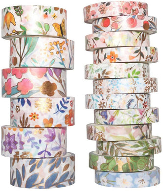 YUBBAEX Colorful Gold Floral Pattern Washi Masking Tape – 18 Rolls – Variety of Designs