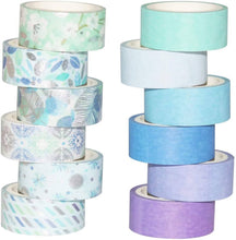Load image into Gallery viewer, YUBBAEX Blue Suite Silver Washi Masking Tape – 12 Rolls x 15mm Width – Variety of Designs
