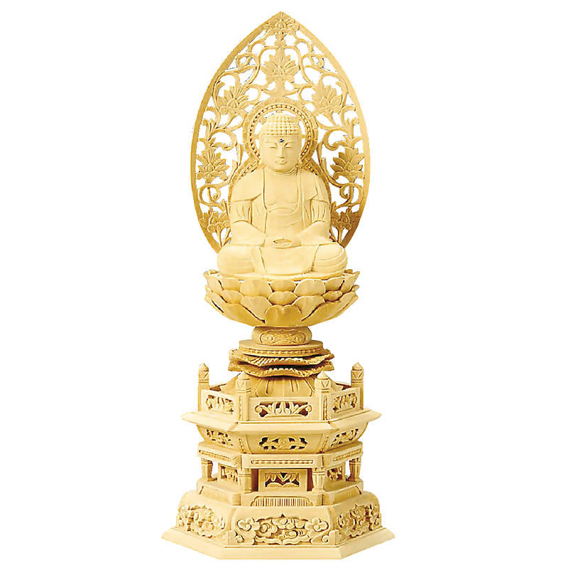 Cypress Wood Japanese Buddha Statue – Shiraki Hexagonal Pedestal – Soto & Rinzai Zen Buddhist Schools – 23 cm Height