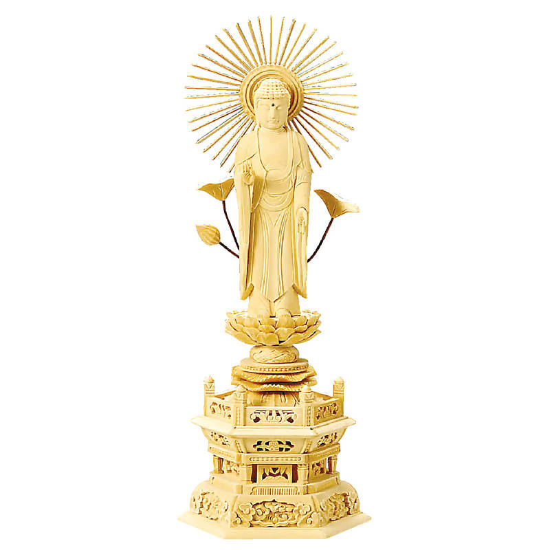 Cypress Wood Japanese Buddha Statue – Shiraki Hexagonal Pedestal – Shinshu Otani Pure Land School – 22.8 cm Height