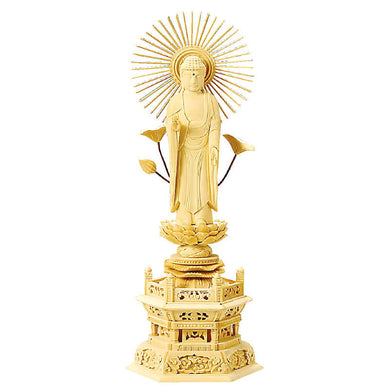 Cypress Wood Japanese Buddha Statue – Shiraki Hexagonal Pedestal – Shinshu Otani Pure Land School – 42 cm Height