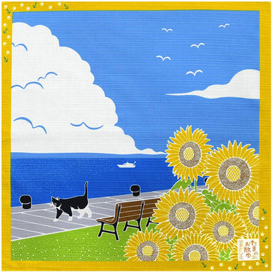 Ko-Furoshiki Japanese Traditional Wrapping Cloth & Decoration – Tama the Cat’s Seaside Sunflowers