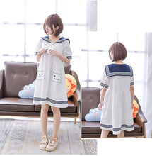 Load image into Gallery viewer, CANDY GIRL Mori Girl Cat One Piece – White Short Sleeve – Sailor Collar – Knee Length