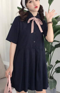 GERGEOUS Ladies’ Short Sleeve Navy Dress with Pink Ribbon – Mori Girl