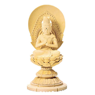 Cypress Wood Japanese Buddha Statue – Shiraki Maru Round Pedestal – Shingon School – 16.5 cm Height