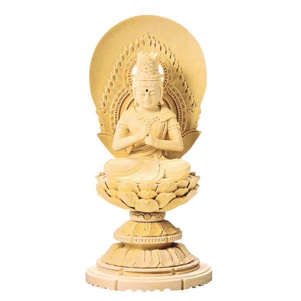 Cypress Wood Japanese Buddha Statue – Shiraki Maru Round Pedestal – Shingon School – 29 cm Height