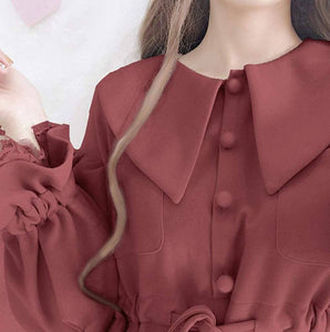 GERGEOUS Long-Sleeved One-Piece Dress – Mori Girl – Kawaii Ribbon – Wine Red