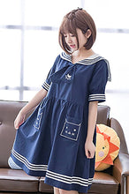 Load image into Gallery viewer, CANDY GIRL Mori Girl Cat One Piece – Navy Blue Short Sleeve – Sailor Collar – Knee Length