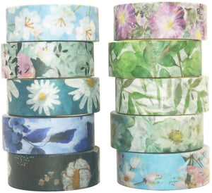 YUBBAEX Cold Tone Floral Washi Masking Tape – 10 Rolls x 15mm Width – Variety of Designs
