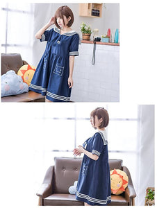 CANDY GIRL Mori Girl Cat One Piece – Navy Blue Short Sleeve – Sailor Collar – Knee Length