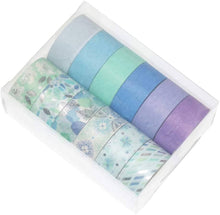 Load image into Gallery viewer, YUBBAEX Blue Suite Silver Washi Masking Tape – 12 Rolls x 15mm Width – Variety of Designs