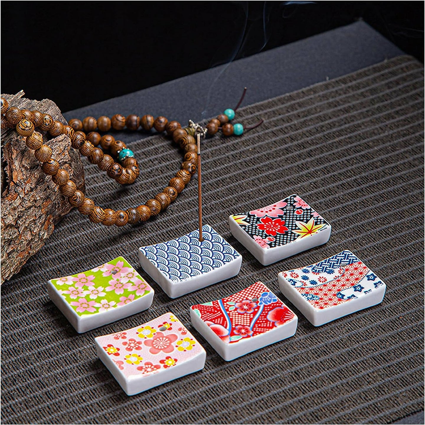 Japanese Ceramic Incense Holder Set - 6 Rectangular Burners for Relaxing Aromatherapy